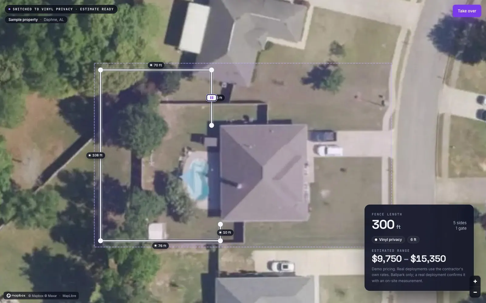 The fence planner on aerial imagery of a sample home: a violet fence line drawn around the backyard with a walk gate, side lengths labelled in feet, and a panel showing total footage and an estimated price range.