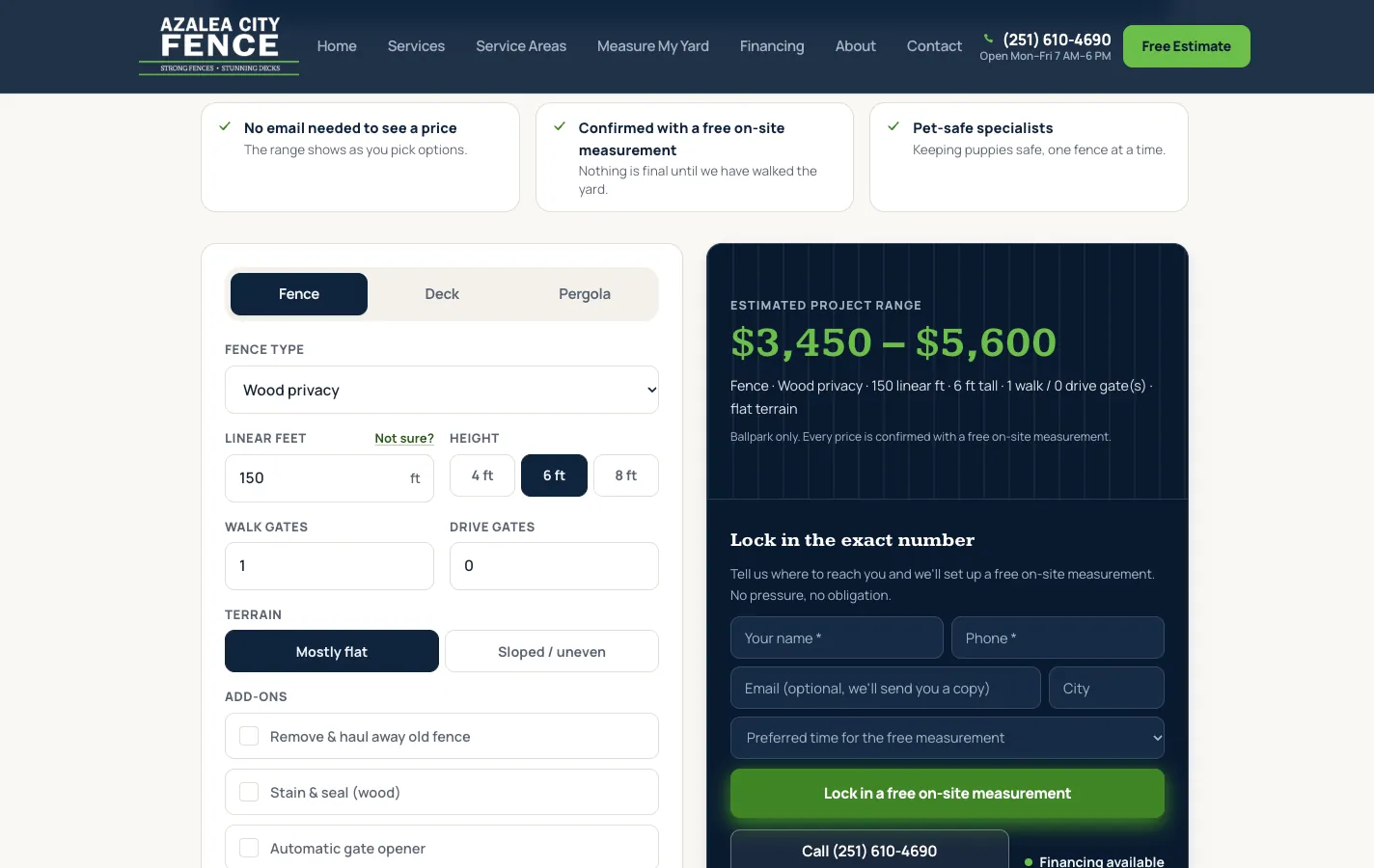 Screenshot of Azalea City Fence's live instant estimate page: fence, deck and pergola tabs, wood privacy fence at 150 linear feet and 6 feet tall with one walk gate, and an estimated project range of $3,450 to $5,600 beside a form to book a free on-site measurement.