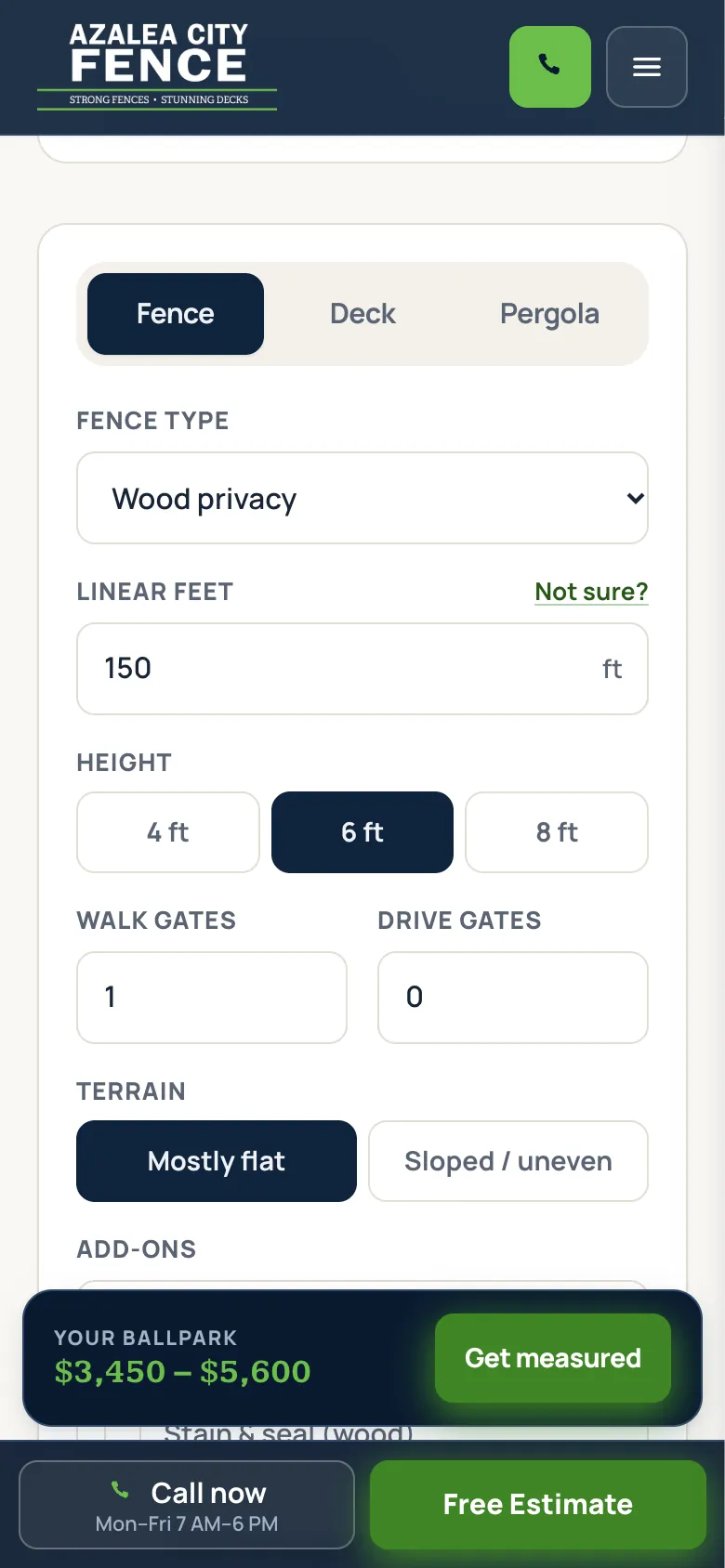 Screenshot of the same estimate page on a phone, with large tap targets for fence type, footage, height and gates, and a sticky bar showing the ballpark price and a Get measured button.