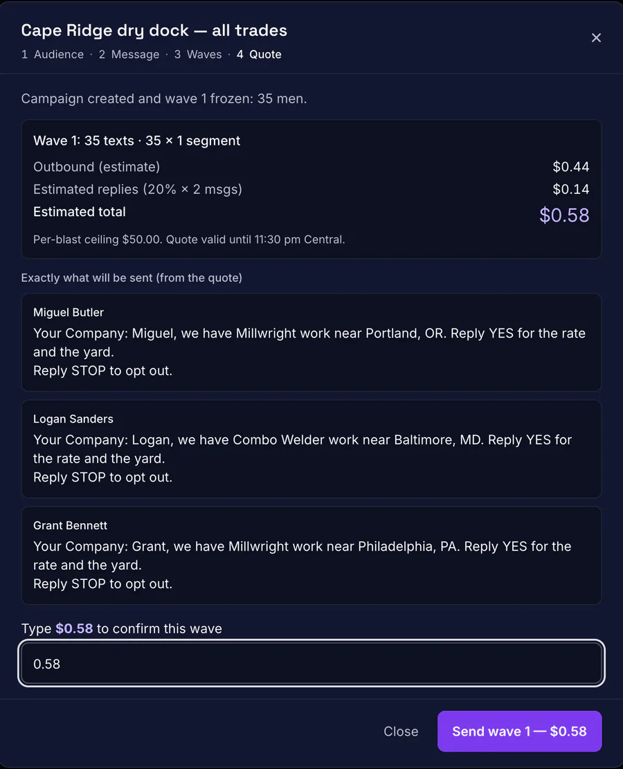Campaign quote step: 35 texts estimated at 58 cents including replies, the exact messages that will be sent, and a field where the recruiter must type $0.58 before the Send wave button works.