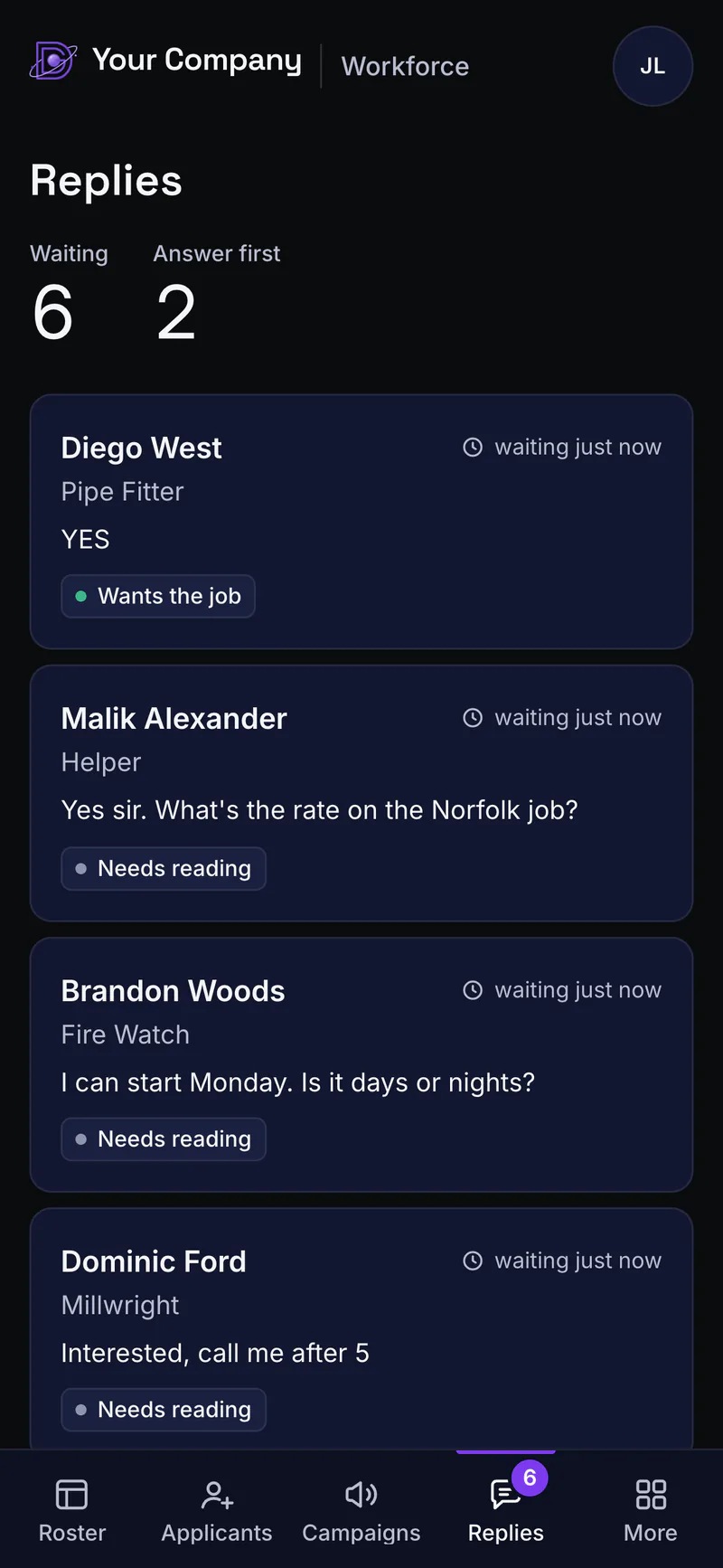 The Replies inbox on a phone: waiting replies from demo applicants with their trade and message, and a badge of 6 on the Replies tab.