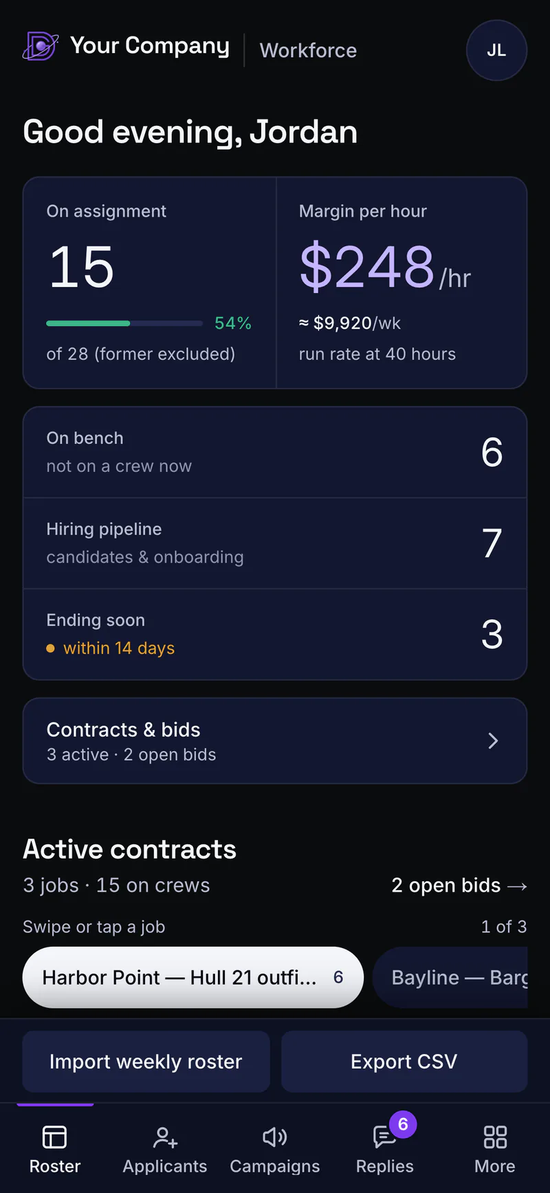 The Roster screen on a phone: on assignment, margin per hour, bench, pipeline and ending soon, with a bottom tab bar for Roster, Applicants, Campaigns, Replies and More.