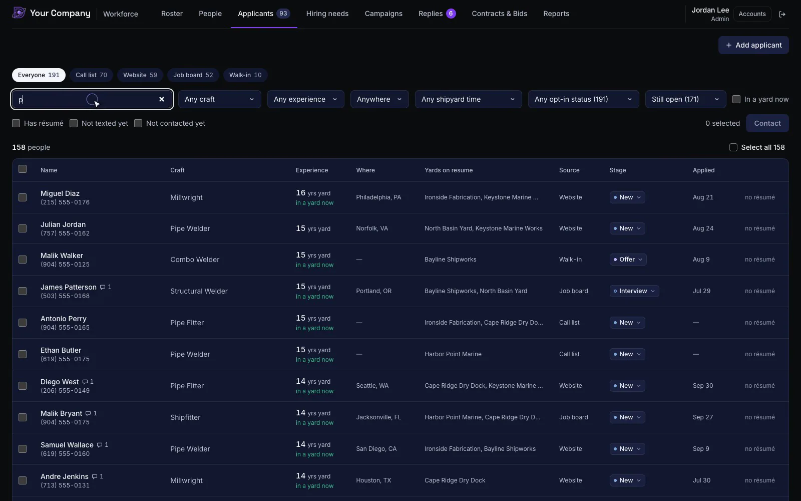 The Workforce CRM Applicants screen: a searchable list of demo tradespeople with craft, experience, location, source and hiring stage.