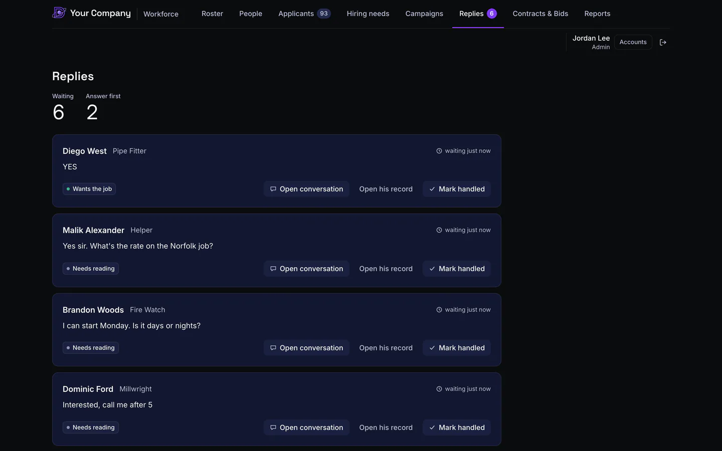 Replies inbox: six texts waiting for a person, each with the sender's name and trade, the message, a label such as Wants the job or Needs reading, and Open conversation and Mark handled buttons.