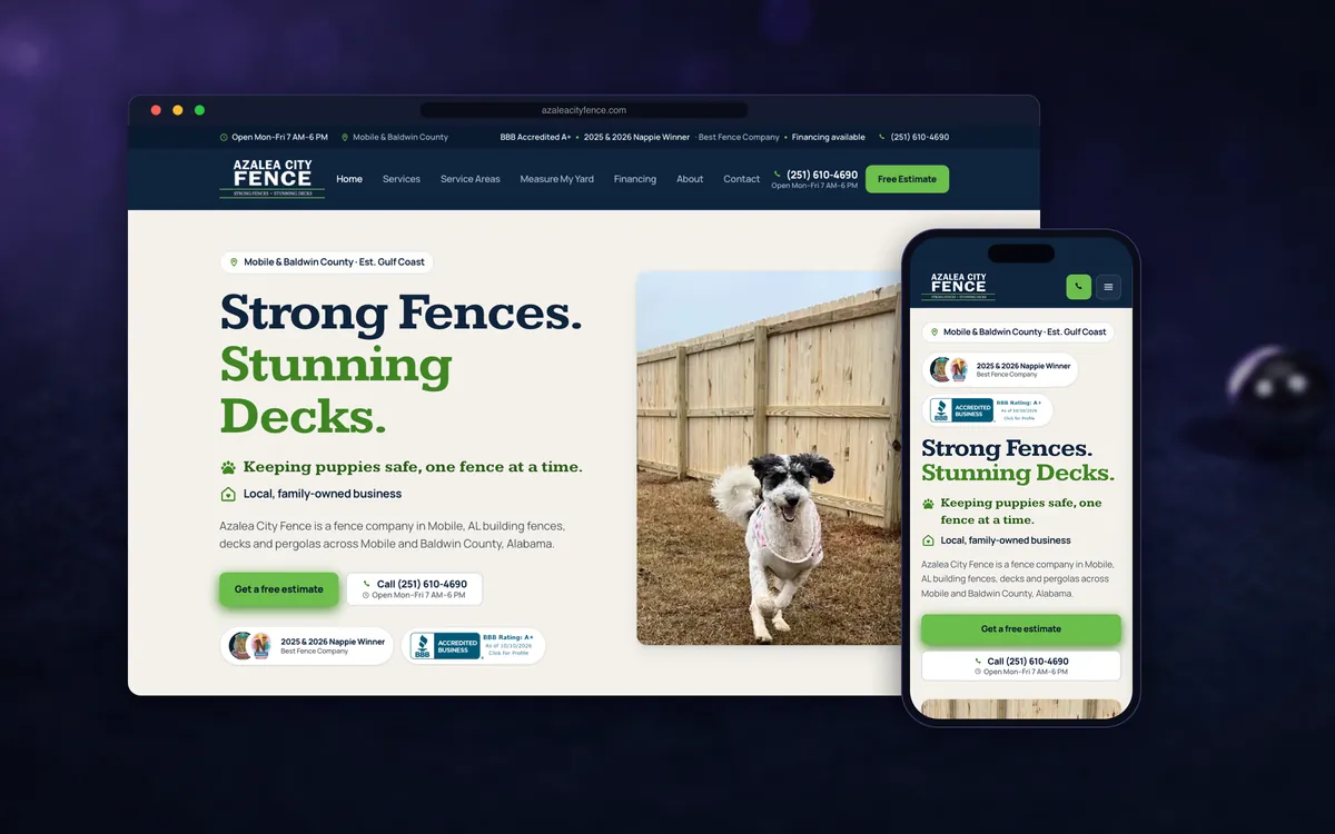 Azalea City Fence website (azaleacityfence.com) shown on a laptop and a phone: real screenshots of the live homepage.