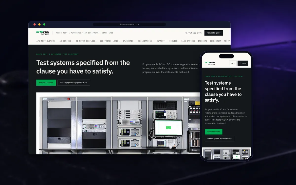 Intepro Systems website (inteprosystems.com) shown on a laptop and a phone: real screenshots of the live homepage.