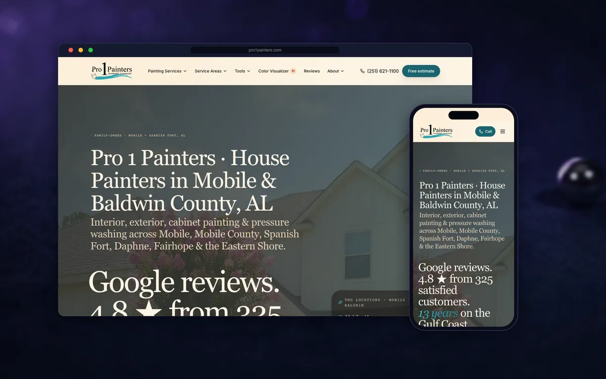 Pro 1 Painters website (pro1painters.com) shown on a laptop and a phone: real screenshots of the live homepage.