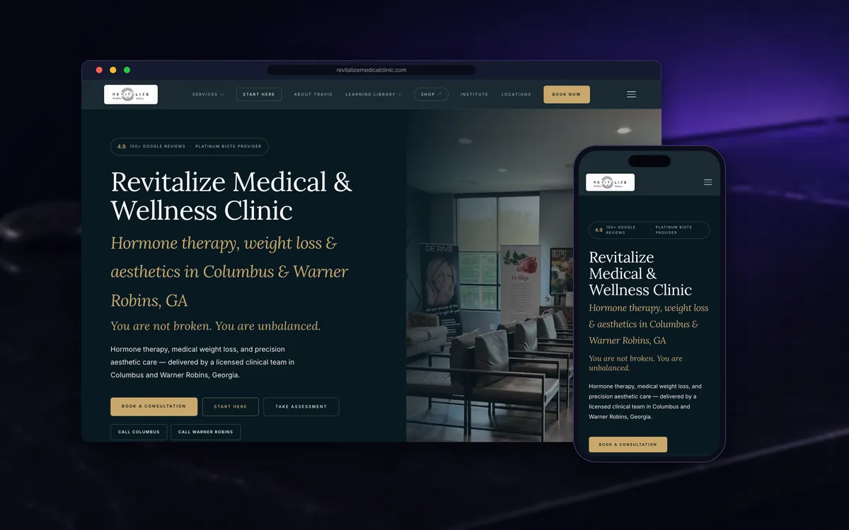 Revitalize Medical & Wellness Clinic website (revitalizemedicalclinic.com) shown on a laptop and a phone: real screenshots of the live homepage.